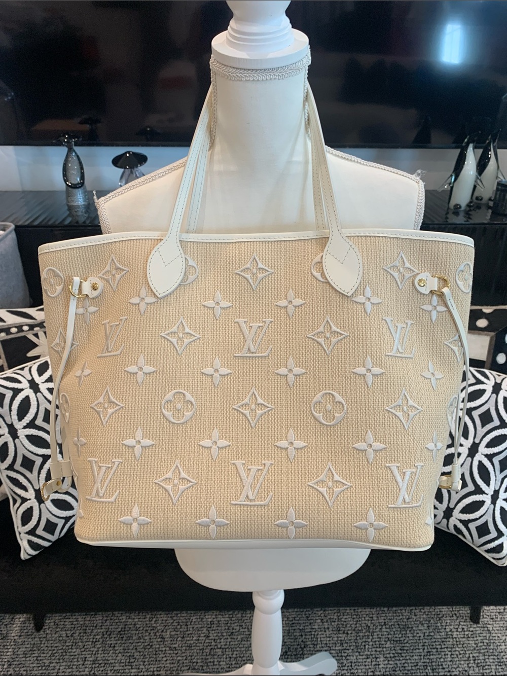 Louis Vuitton Cream & Beige Jacquard Tote with White Leather Pouch. Never worn